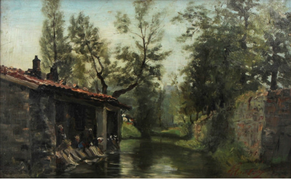 Ecole début Xxème "Lavandières", huile s