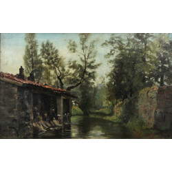 Ecole début Xxème "Lavandières", huile s