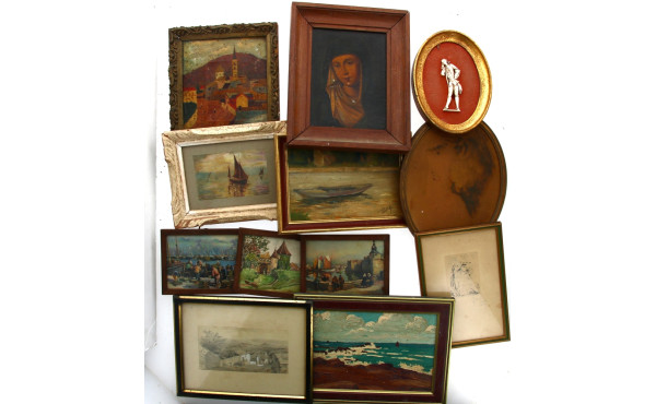 Lot de petits tableaux divers, gravures 