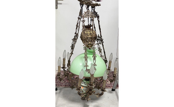 Suspension ancienne en laiton opaline ve
