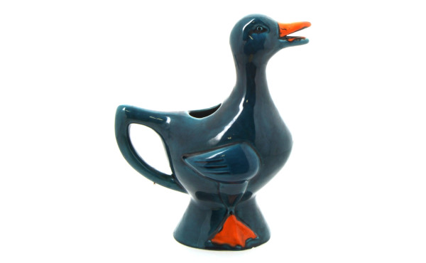 Pichet canard en faïence orange et bleu 