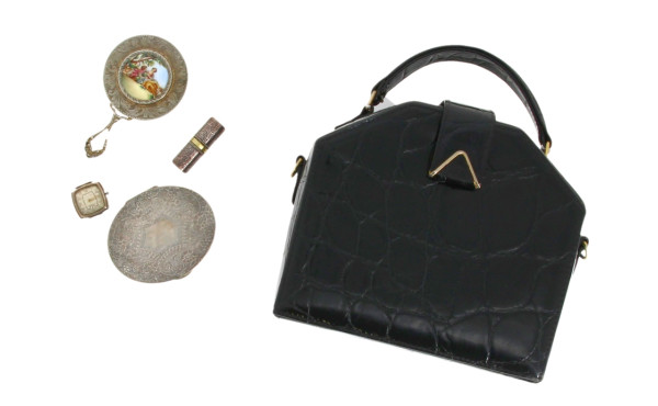 Sac à main vintage en cuir verni noir fa