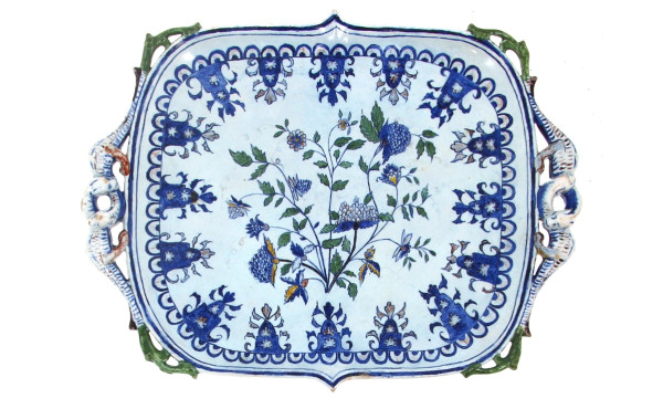 Plat à anses XIXème en faïence polychrom