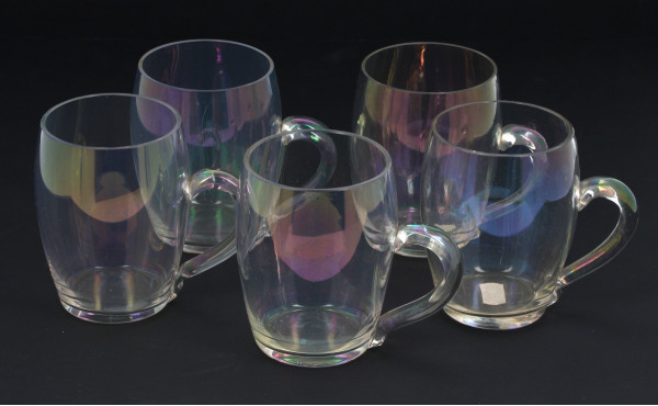 5 chopes anciennes en verre irisé, H 10,