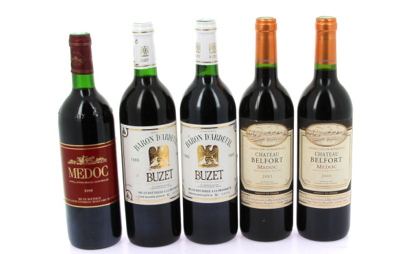 Lot de 5 bouteilles: - 3 B MEDOC (1 de 