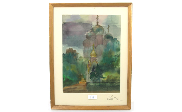 Ecole Russe Xxème "Paysage avec église o