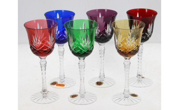 6 verres à pied en cristal de couleurs, 