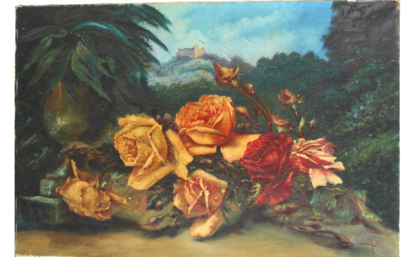 LEUCK Xxe "Nature morte aux roses sur fo