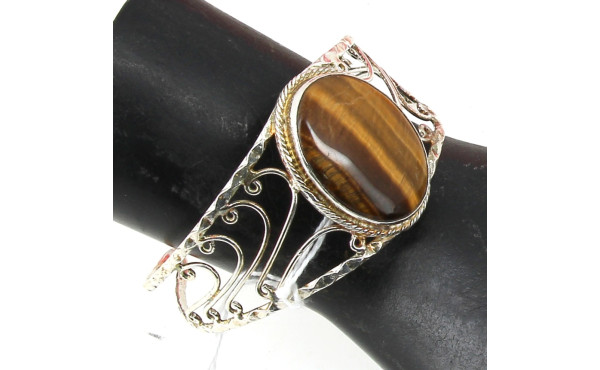 Bracelet jonc ouvert en argent et caboch