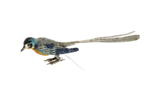 Oiseau en métal argenté et émaillé, H 4 