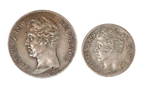 CHARLES X - 2 monnaies argent: 1 fr arge