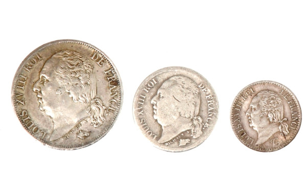 LOUIS XVIII - 3 monnaies argent: 1 fr 18