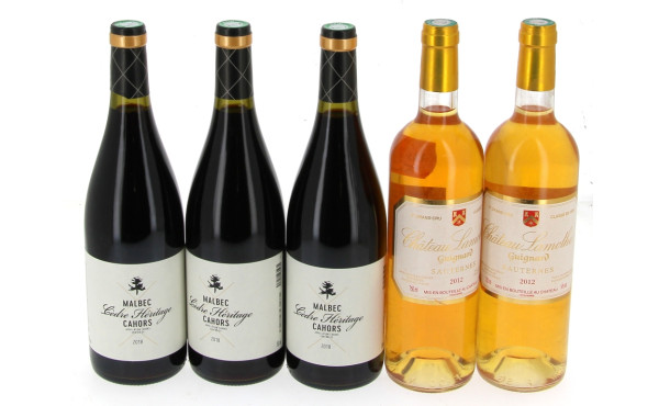 Lot de 5 bouteilles: - 3 B CAHORS Cèdre