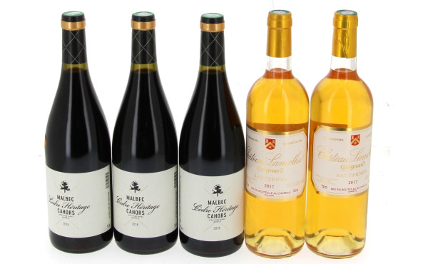 Lot de 5 bouteilles: - 3 B CAHORS Cèdre