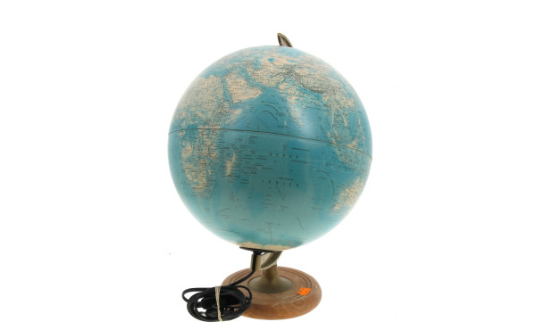 Globe éclairant, base bois clair, H 40,5