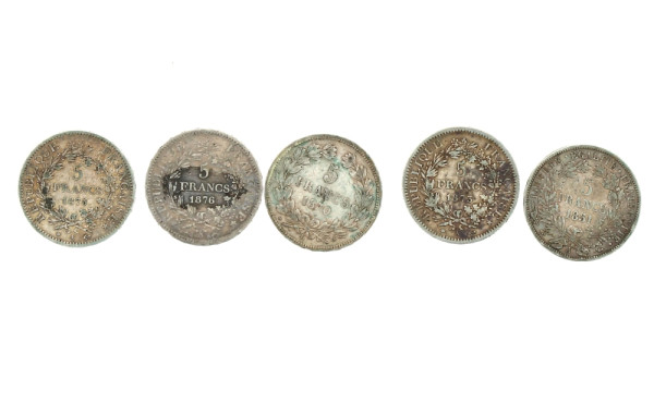 5 p. de 5 fr argent 1870, 1876, 1875, 18