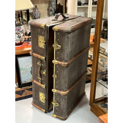 Malle de voyage ancienne en bois, cuir e
