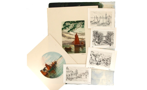 Lot d'œuvres sur papier : aquarelles, 2 