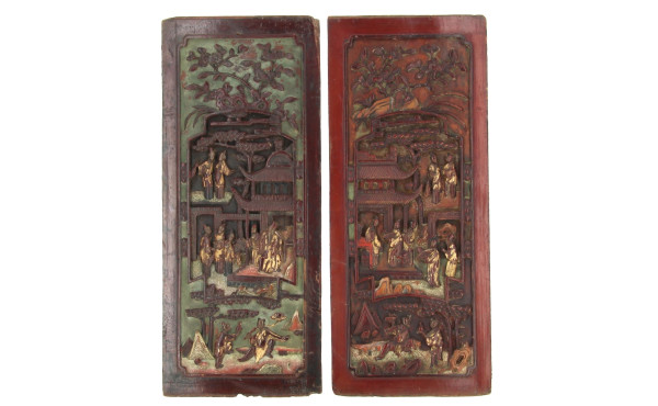 CHINE - Paire de panneaux en bois sculpt