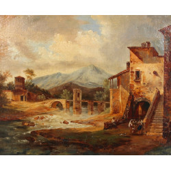 Ecole Italienne XIXème "Paysage avec vil