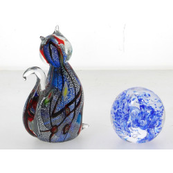 CHAT - Sujet en verre de couleurs et arg