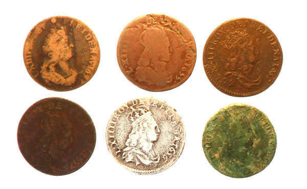 Lot de 6 monnaies Louis XIV:5 liard en c