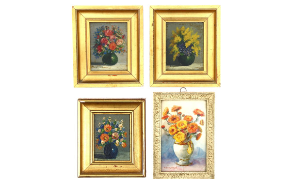 4 petits tableaux encadrés, thème floral