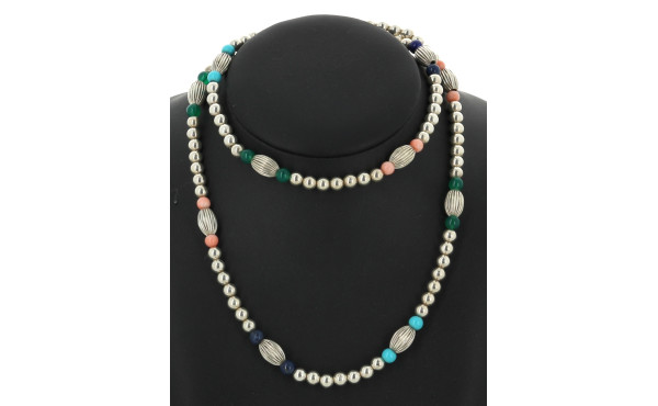 Sautoir en perles d'argent rondes et god