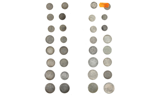 32 pièces argent 1F, 2 F, 5 F française