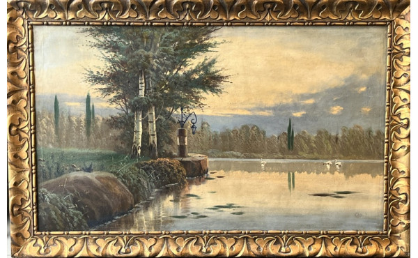 Ecole Xxème "Paysage lacustre aux cygnes