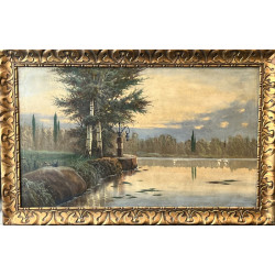 Ecole Xxème "Paysage lacustre aux cygnes