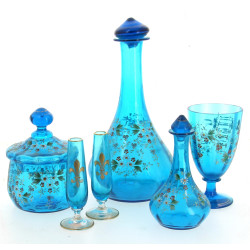 Service verre d'eau en verre bleu émaill