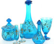 Service verre d'eau en verre bleu émaill