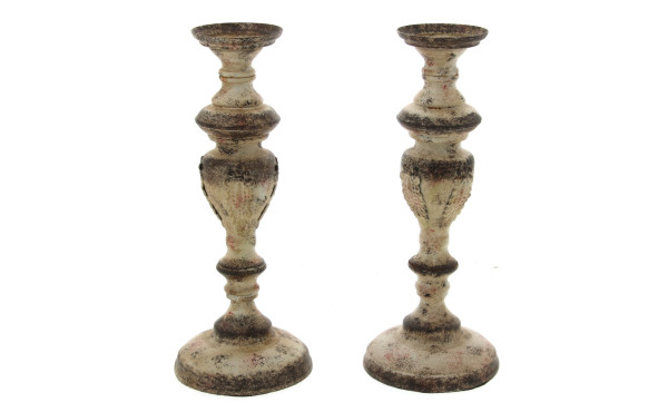 Paire de bougeoirs en bois peint et méta