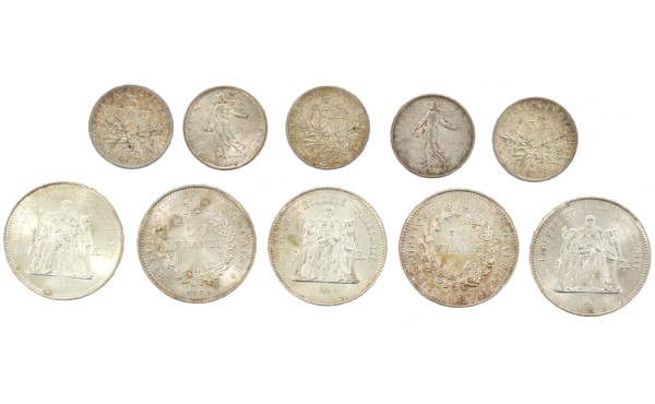 Lot de pièces en argent : 5 pièces de 50