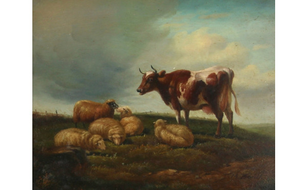 Ecole fin Xxème "Vache et moutons", huil