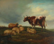 Ecole fin Xxème "Vache et moutons", huil