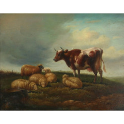 Ecole fin Xxème "Vache et moutons", huil