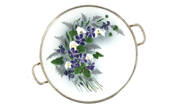 Plat à gâteaux en faïence fine et métal 