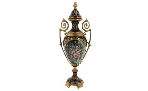 Grand vase en métal émaillé bleu de four