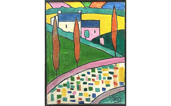 THEO (Xxème) "Paysage aux cyprès", huile