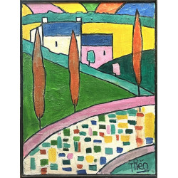 THEO (Xxème) "Paysage aux cyprès", huile