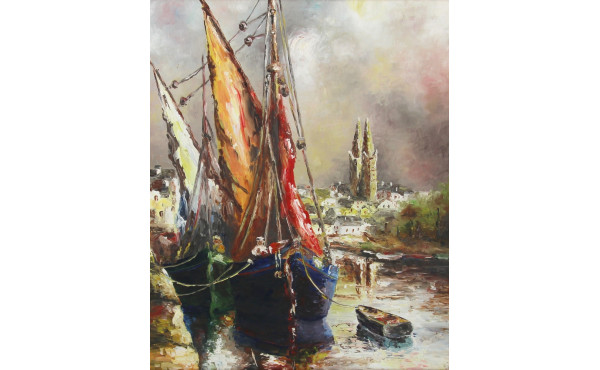 Ecole Française Xxème "Voiliers amarrés 