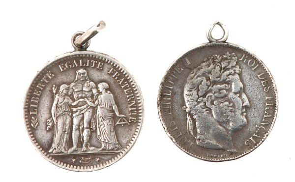 2 écus XIXème montés en pendentif, "1844