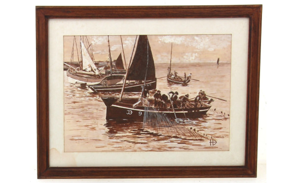 Monogramme HD "Scène de pêche", gouache 