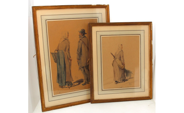 Ecole Fin XIXème "Paysanne au balai" et 