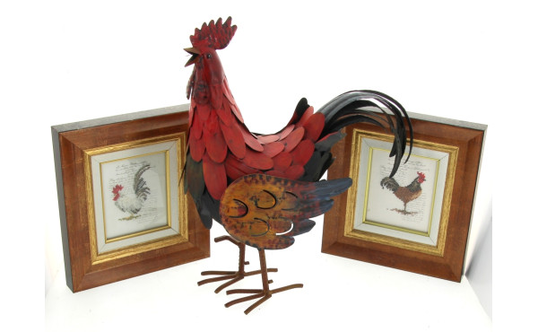 Coq décoratif en métal peint, H 41 x L 3
