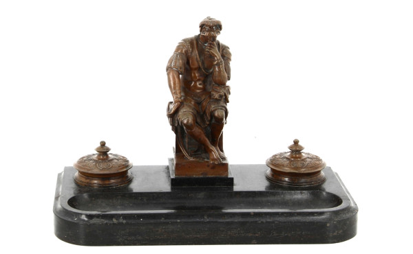 Encrier double porte-plume, bronze et ba