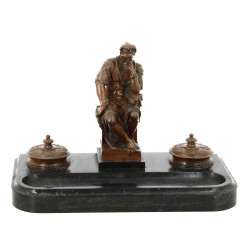 Encrier double porte-plume, bronze et ba