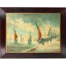Ecole Xxe " Bateaux à quai", huile sur p